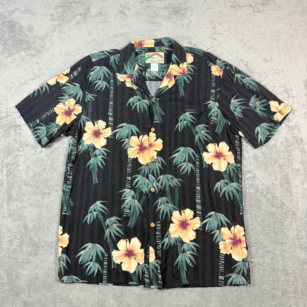 Vintage Paradise Found Mens Med Button Up Shirt Hibiscus Bamboo Black Rayon